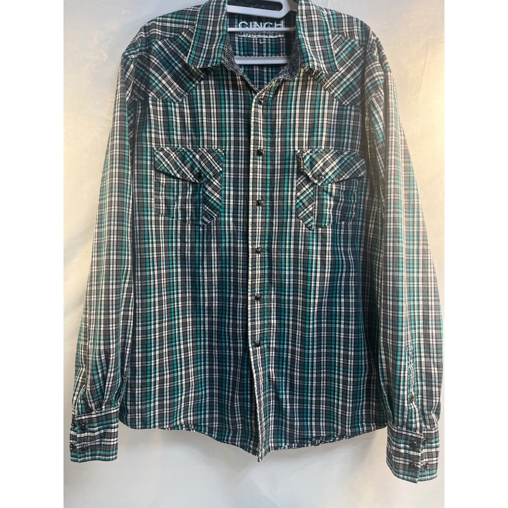 CINCH Modern Fit Plaid Long Sleeve Snap Western Shirt Green Black White Men L
